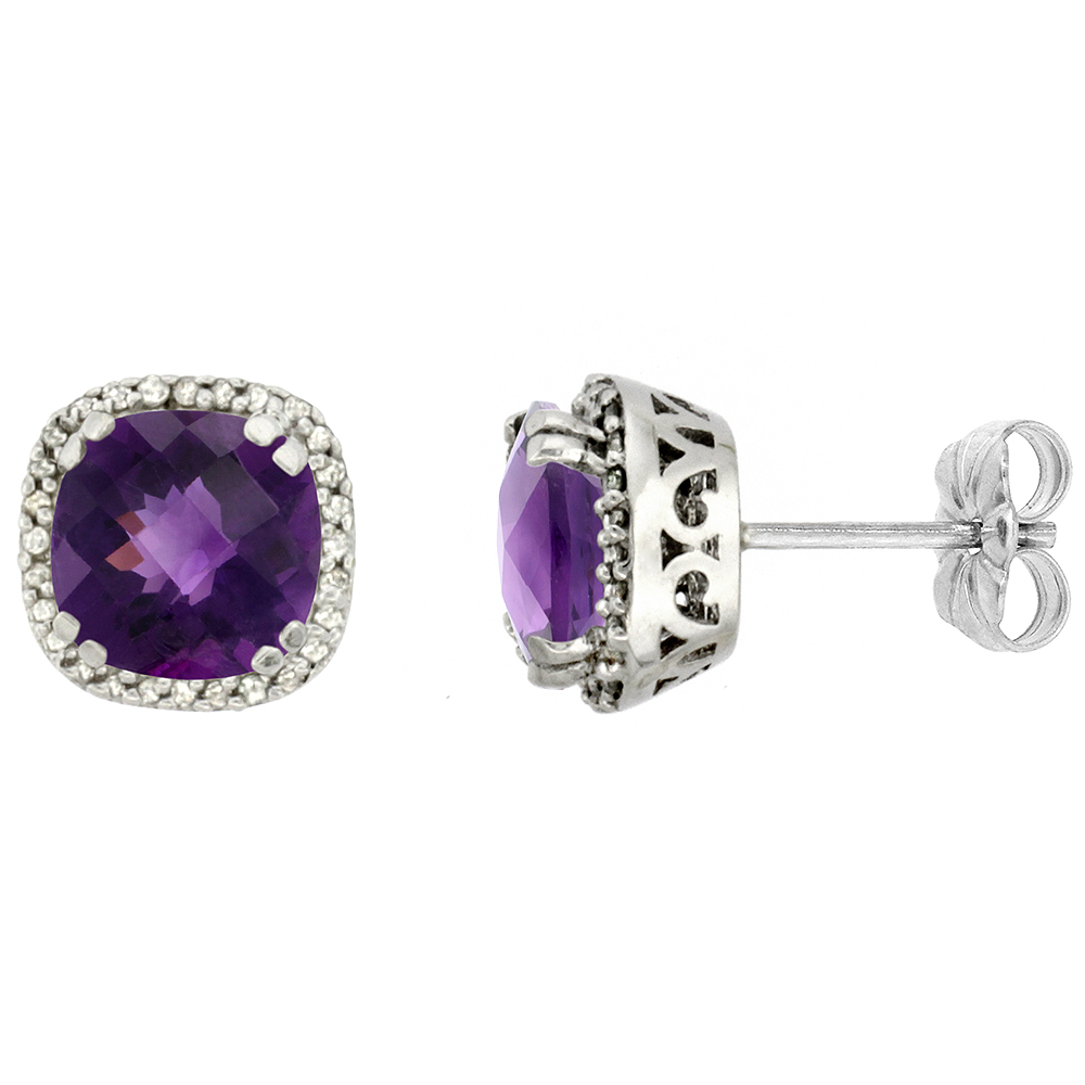 10k White Gold Diamond Halo Natural Amethyst Stud Earrings Cushion Shaped 7x7 mm