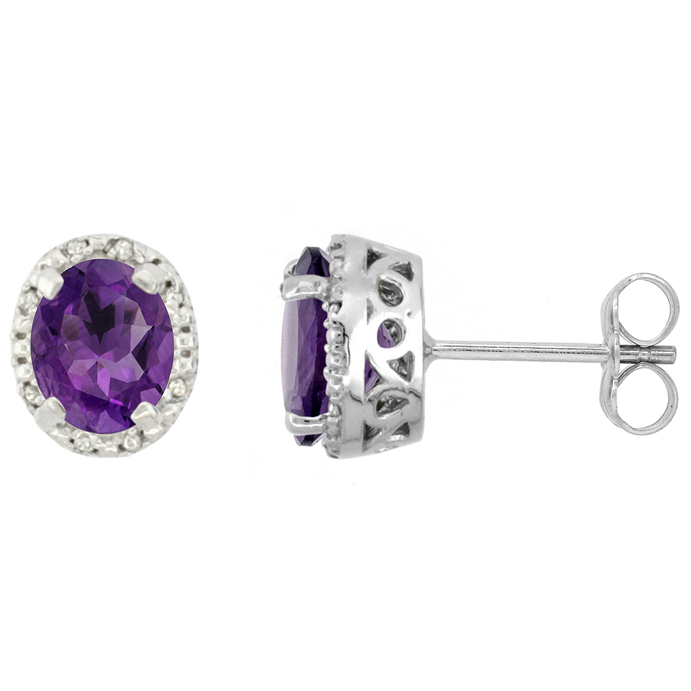 10K White Gold Diamond Halo Natural Amethyst Stud Earrings Oval 7x5 mm