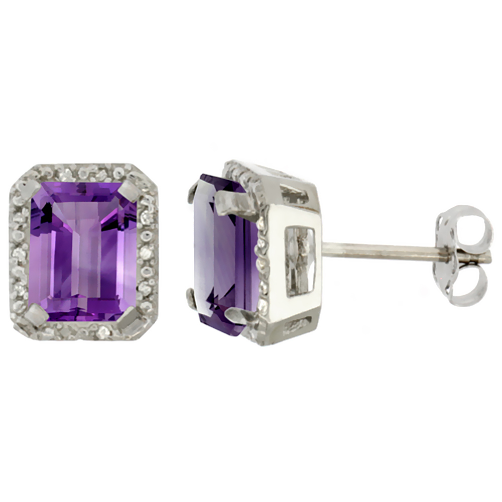 10K White Gold Diamond Natural Amethyst Earrings Octagon 8x6 mm