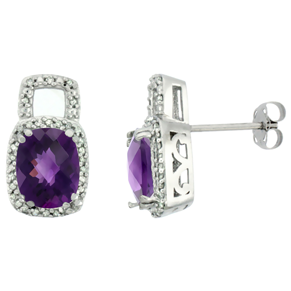 10K White Gold Diamond Natural Amethyst Earrings Octagon Cushion 8x6 mm