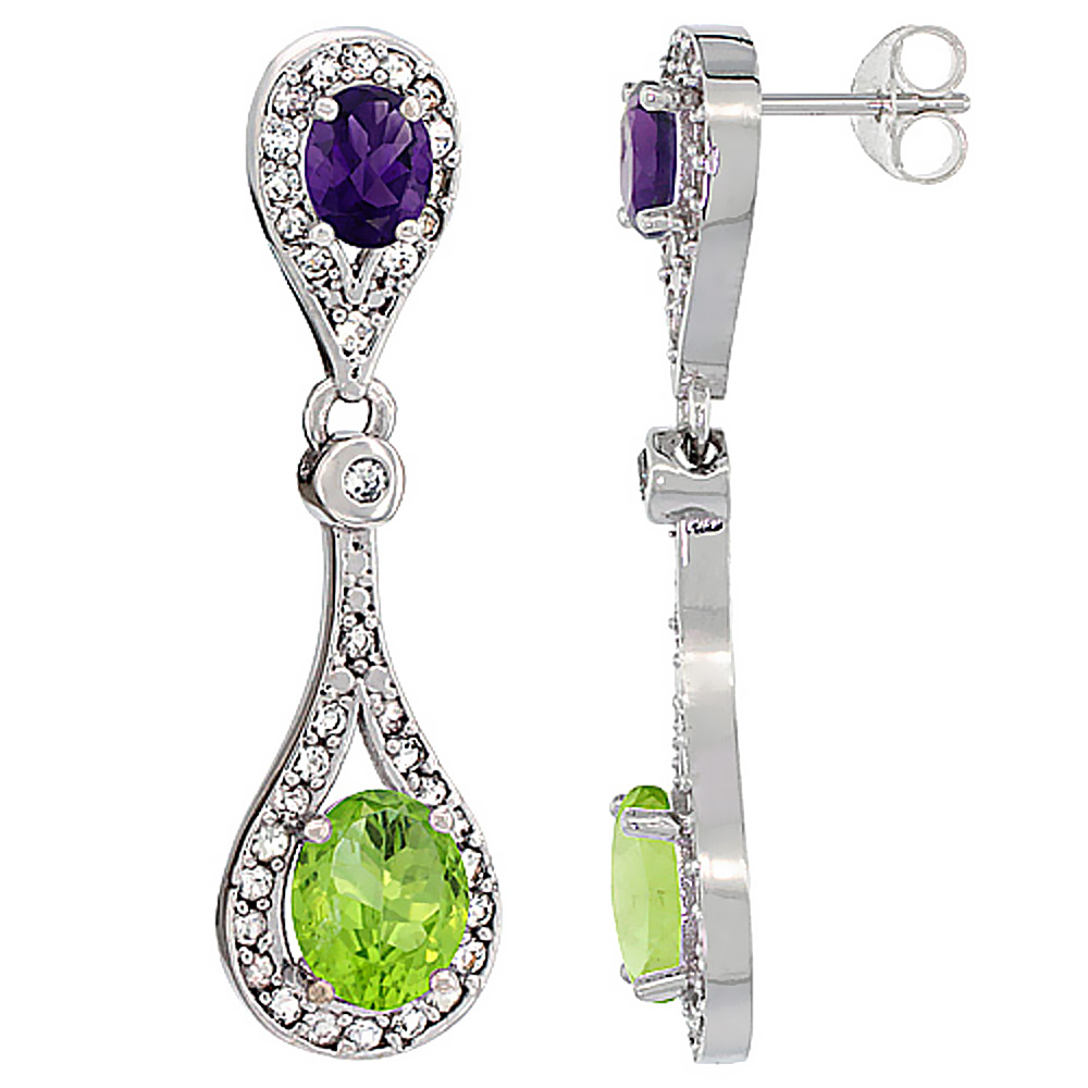 14K White Gold Natural Peridot & Amethyst Oval Dangling Earrings White Sapphire & Diamond Accents, 1 3/8 inches long