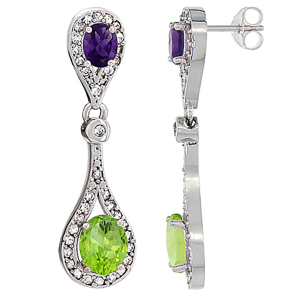 10K White Gold Natural Peridot &amp; Amethyst Oval Dangling Earrings White Sapphire &amp; Diamond Accents, 1 3/8 inches long