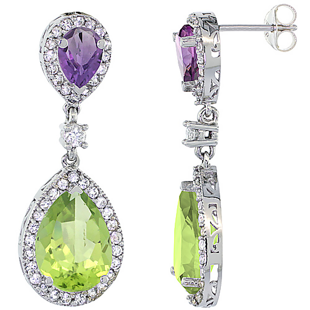 14K WHITE GOLD NATURAL PERIDOT & AMETHYST TEARDROP EARRINGS WHITE SAPPHIRE & DIAMOND