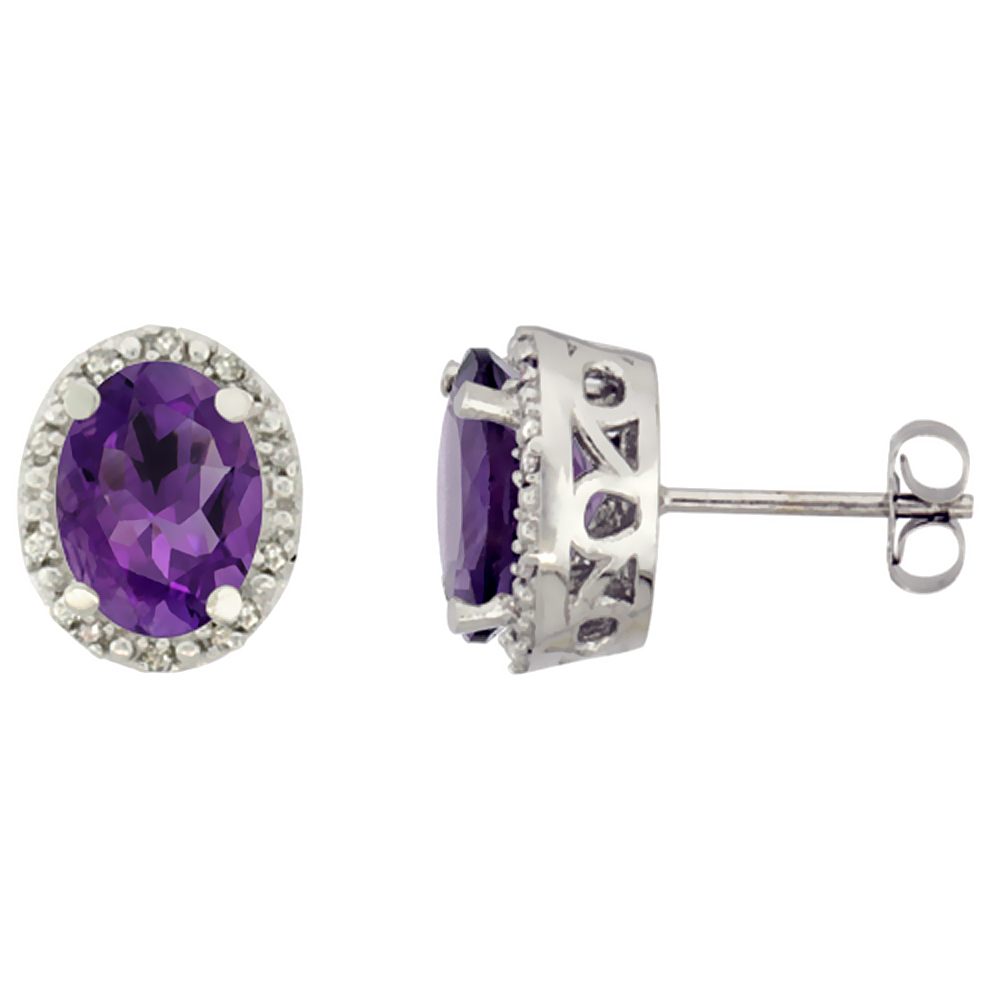 10K White Gold Genuine Amethyst Stud Earrings Diamond Halo Oval 8x6 mm