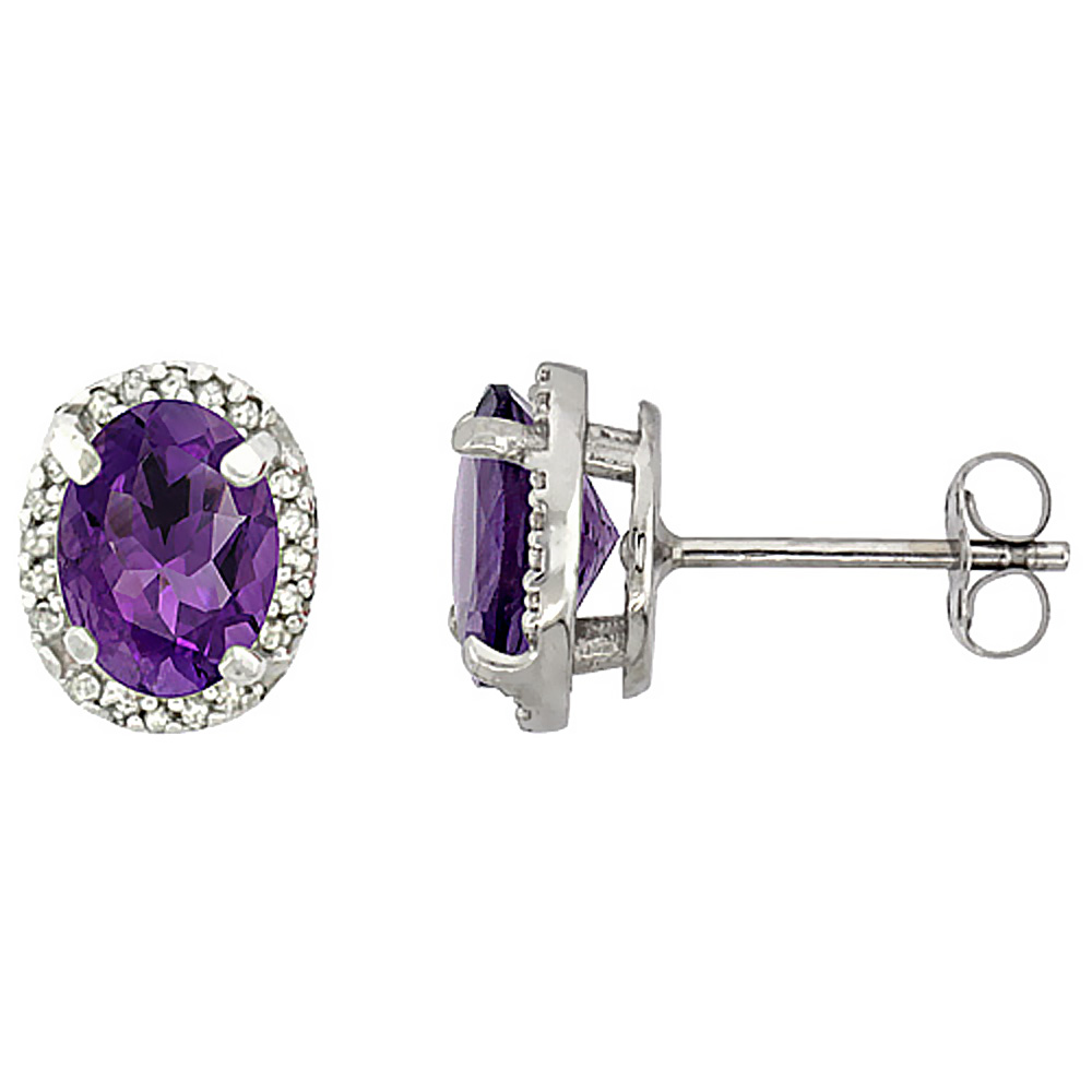 10K WHITE GOLD DIAMOND NATURAL AMETHYST EARRINGS OVAL 7X5 MM