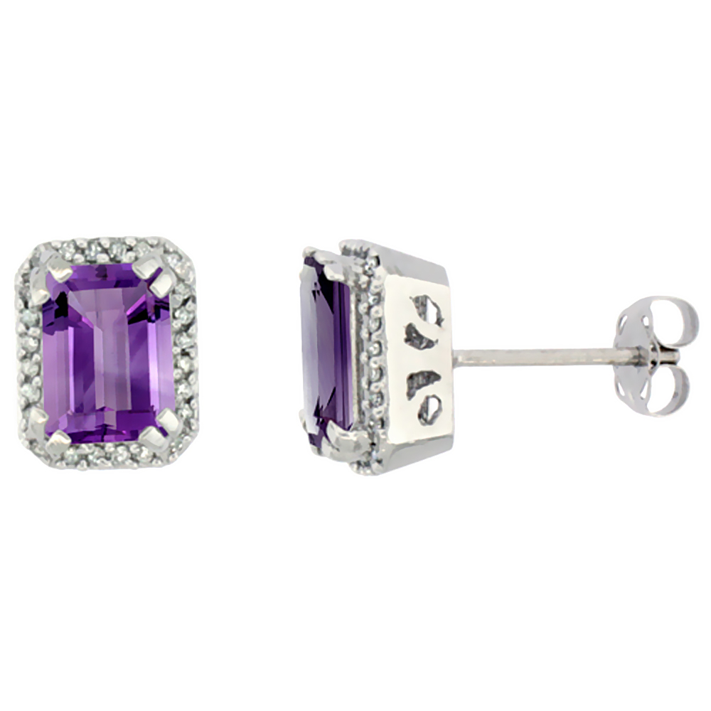 10K White Gold Diamond Natural Amethyst Earrings Octagon 7x5 mm