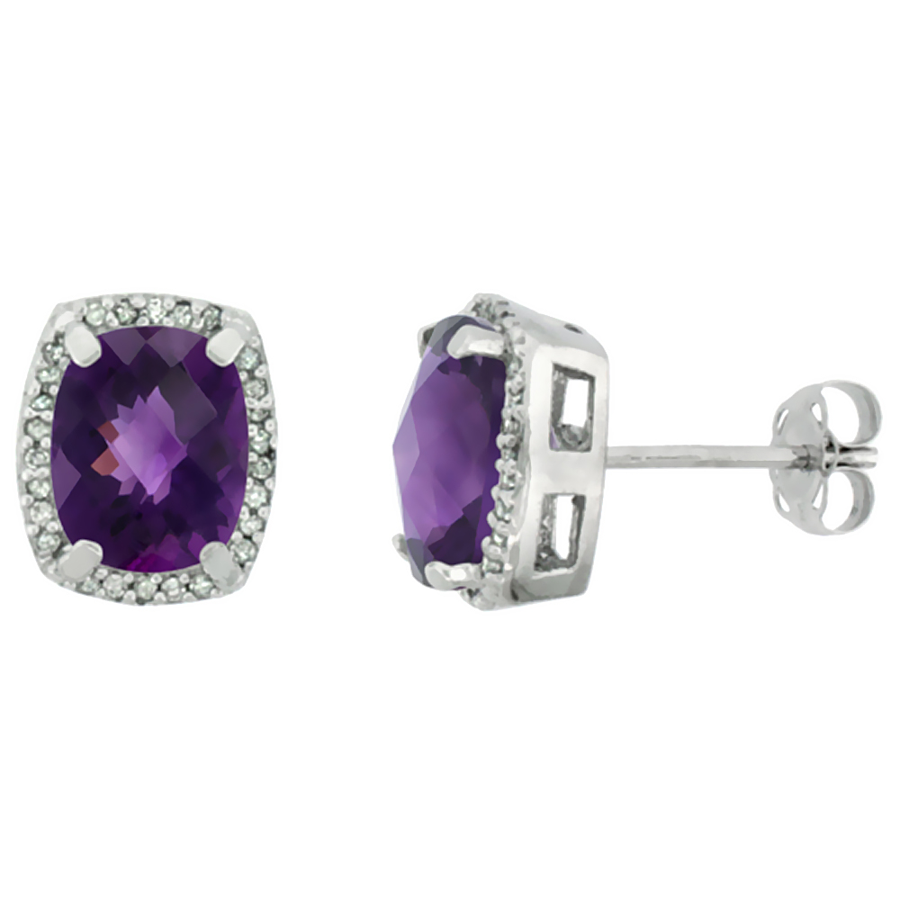 10K White Gold Diamond Natural Amethyst Earrings Octagon Cushion 8x6 mm