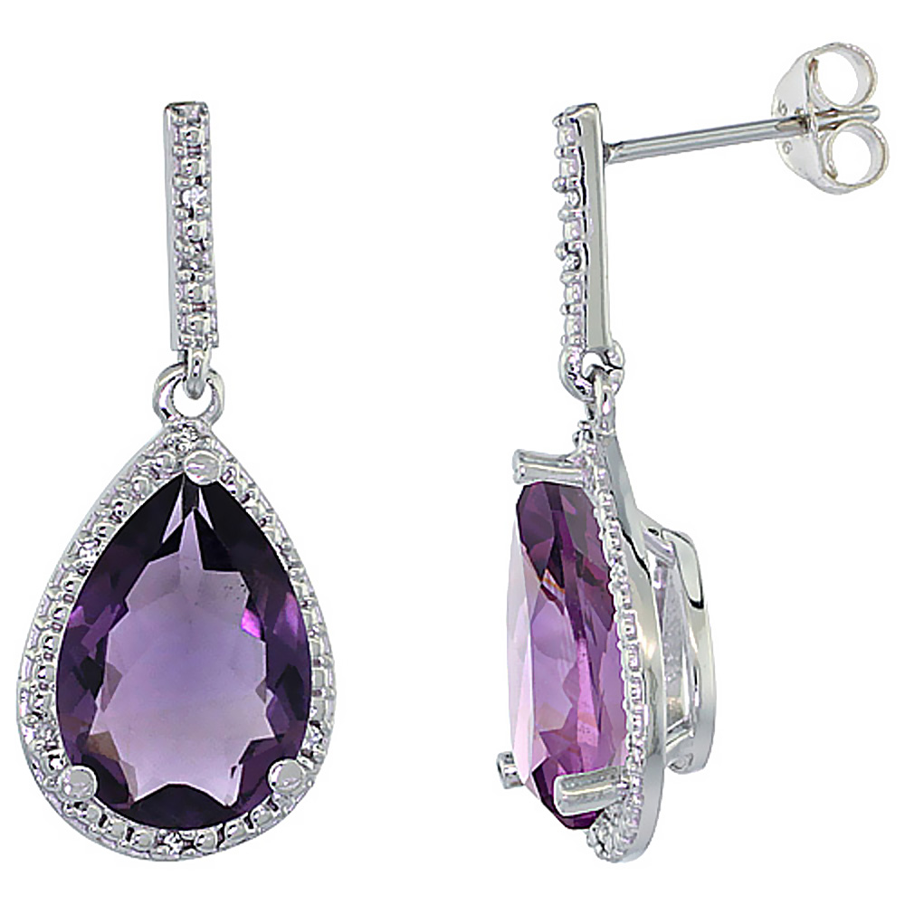 10K White Gold Diamond Halo Natural Amethyst Dangle Earrings Pear Shaped 12x8 mm