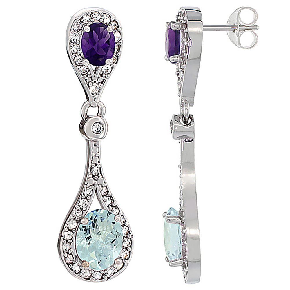 14K WHITE GOLD NATURAL AQUAMARINE & AMETHYST OVAL DANGLING EARRINGS WHITE SAPPHIRE & DIAMOND ACCENTS, 1 3/8 INCHES LONG