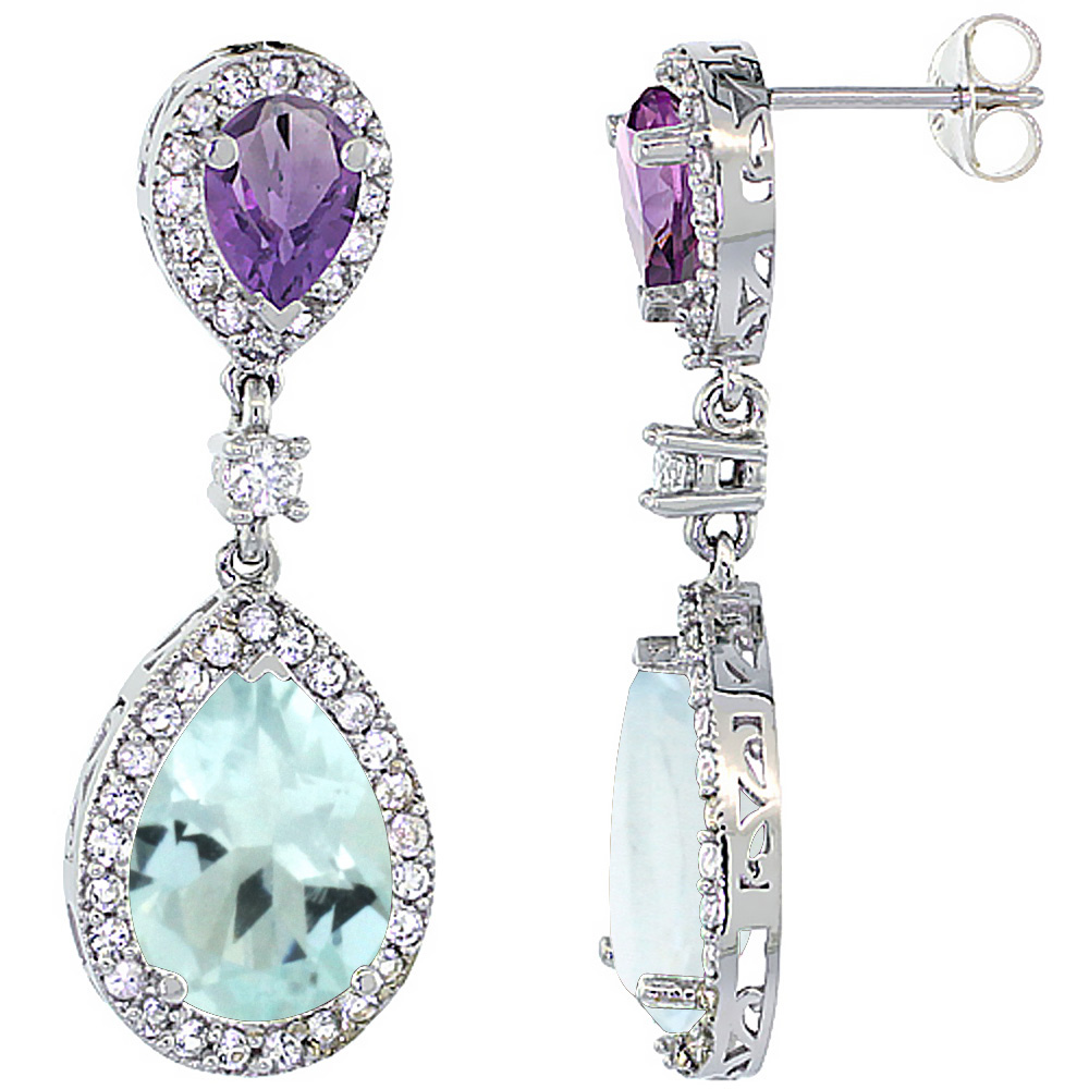 10K White Gold Natural Aquamarine &amp; Amethyst Teardrop Earrings White Sapphire &amp; Diamond