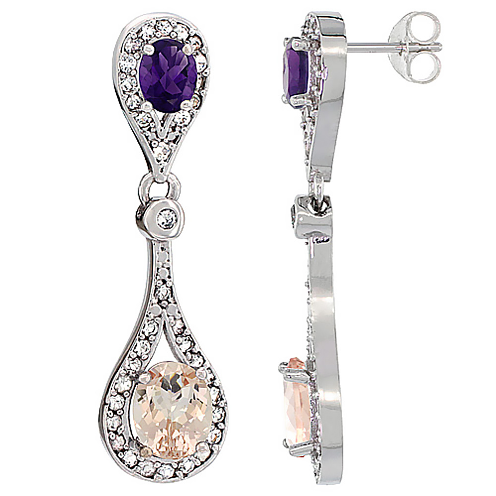 14K WHITE GOLD NATURAL MORGANITE & AMETHYST OVAL DANGLING EARRINGS WHITE SAPPHIRE & DIAMOND ACCENTS, 1 3/8 INCHES LONG