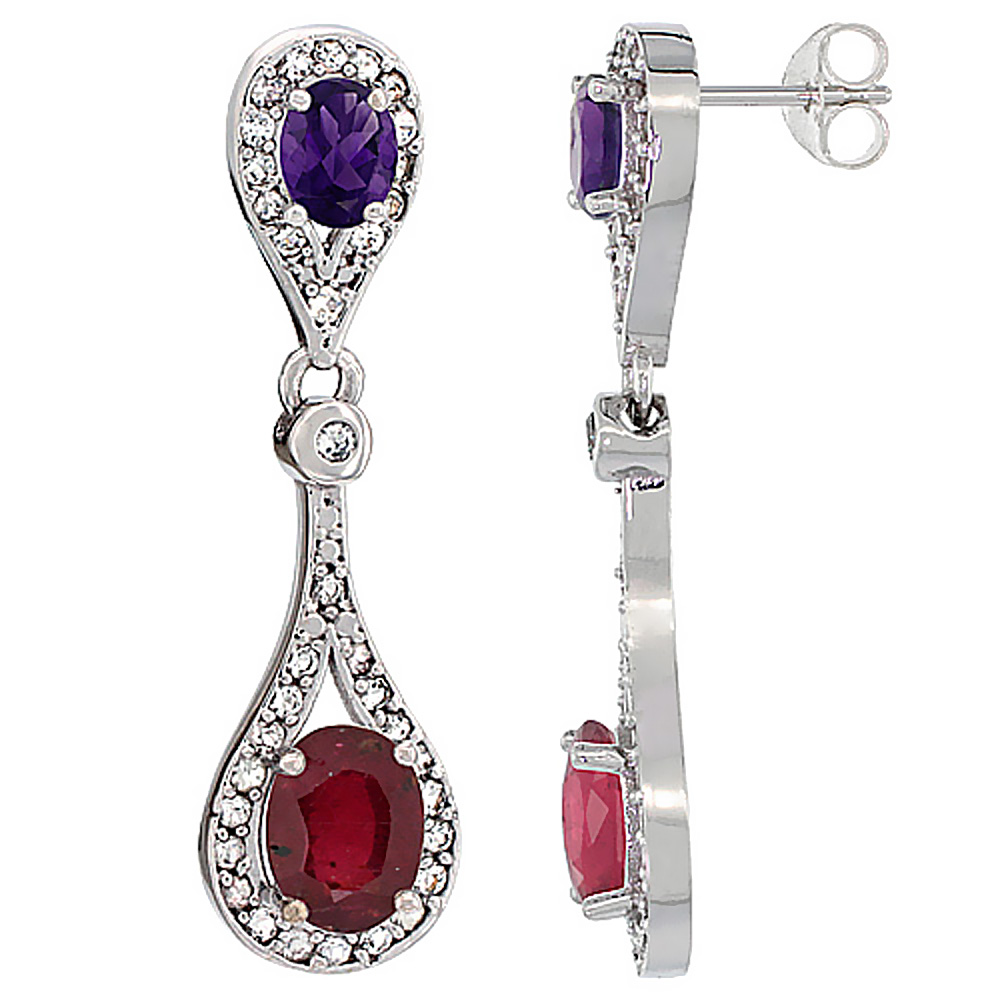 14K WHITE GOLD ENHANCED RUBY & AMETHYST OVAL DANGLING EARRINGS WHITE SAPPHIRE & DIAMOND ACCENTS, 1 3/8 INCHES LONG