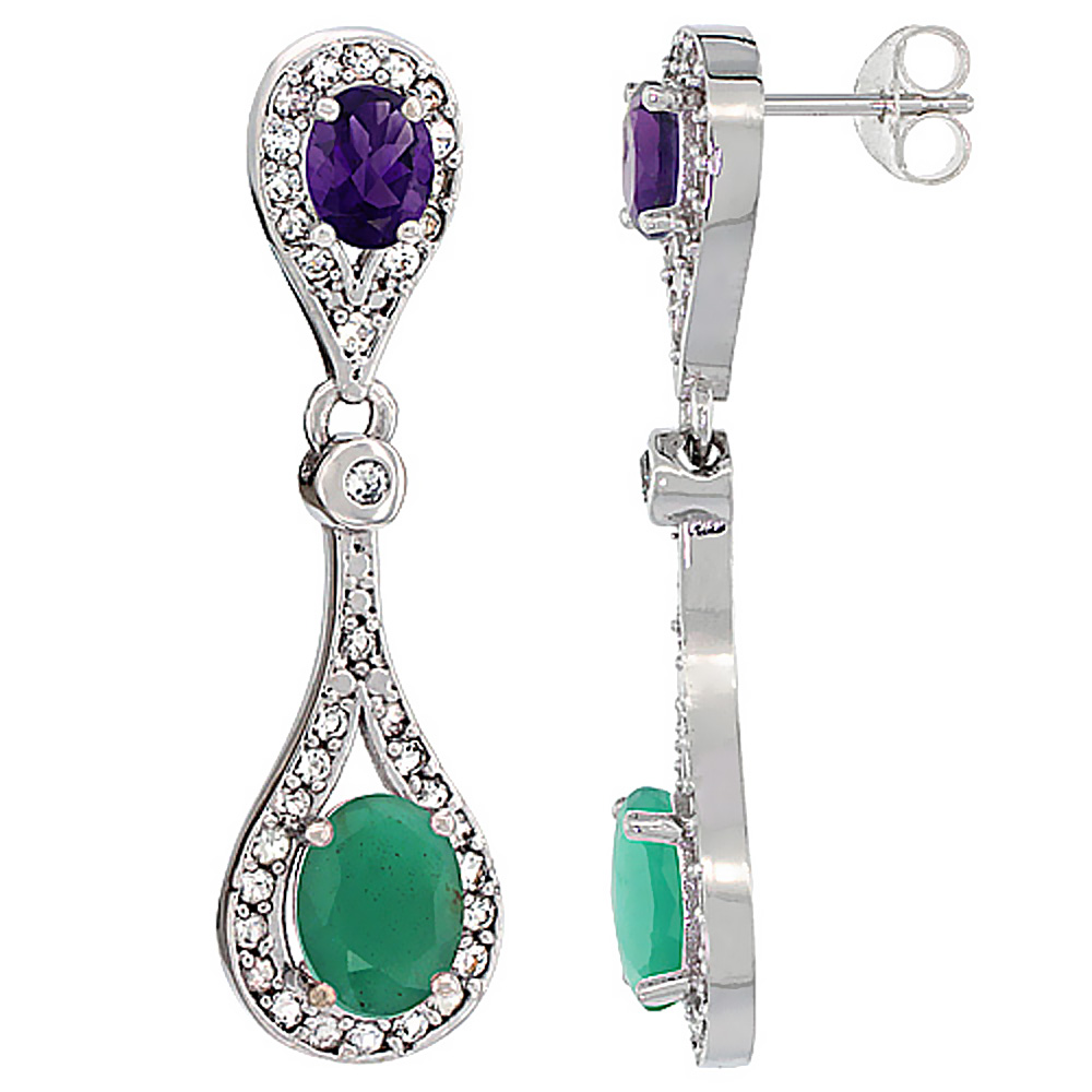 14K WHITE GOLD NATURAL EMERALD & AMETHYST OVAL DANGLING EARRINGS WHITE SAPPHIRE & DIAMOND ACCENTS, 1 3/8 INCHES LONG
