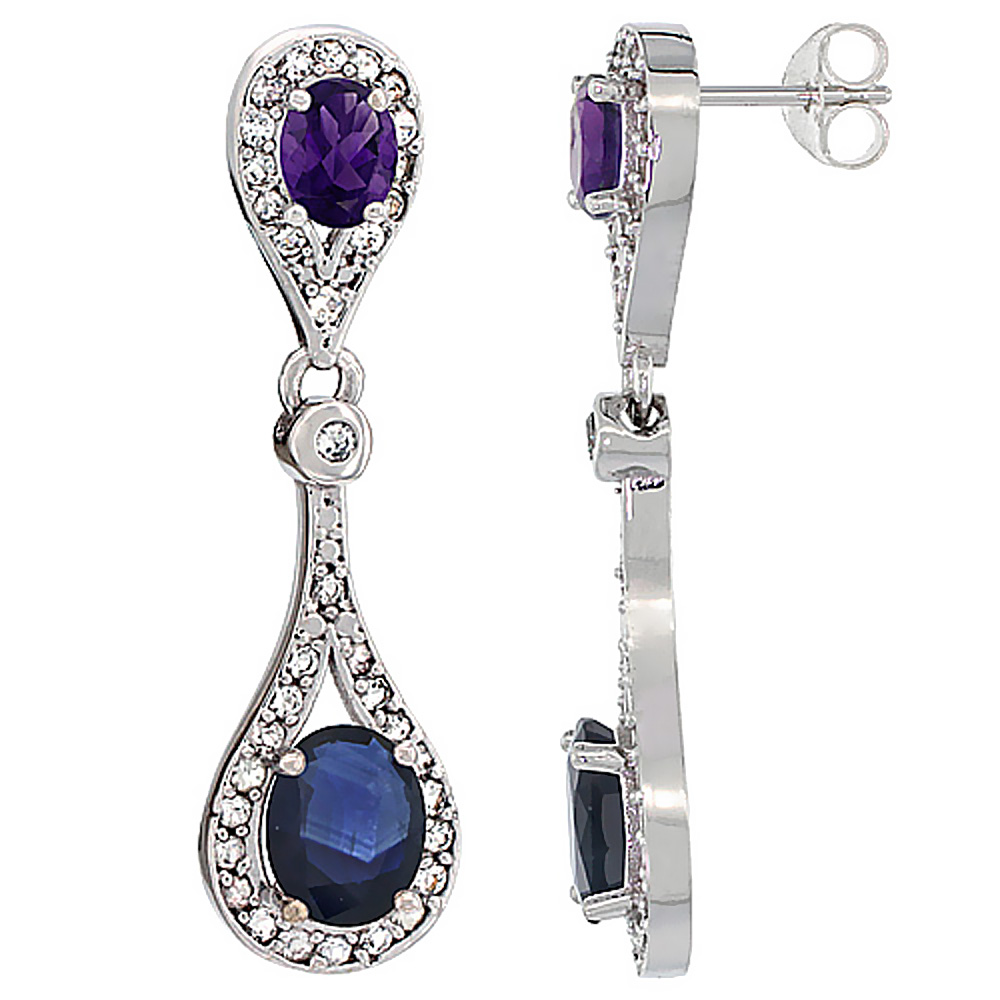 14K WHITE GOLD NATURAL BLUE SAPPHIRE & AMETHYST OVAL DANGLING EARRINGS WHITE SAPPHIRE & DIAMOND ACCENTS, 1 3/8 INCHES LONG