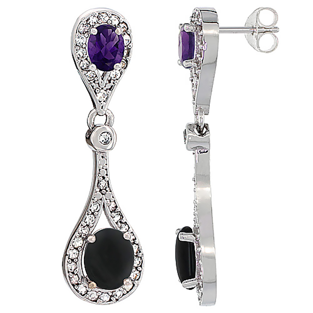 14K WHITE GOLD NATURAL BLACK ONYX & AMETHYST OVAL DANGLING EARRINGS WHITE SAPPHIRE & DIAMOND ACCENTS, 1 3/8 INCHES LONG