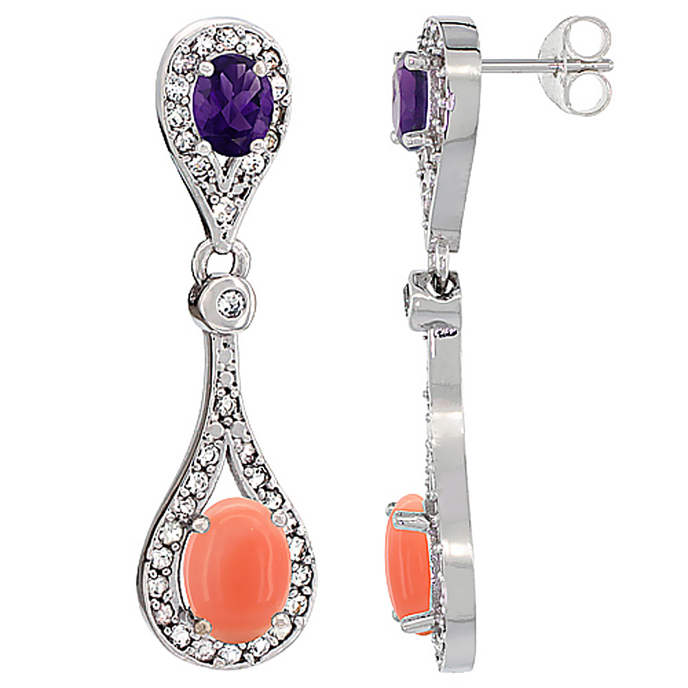 14K WHITE GOLD NATURAL CORAL & AMETHYST OVAL DANGLING EARRINGS WHITE SAPPHIRE & DIAMOND ACCENTS, 1 3/8 INCHES LONG