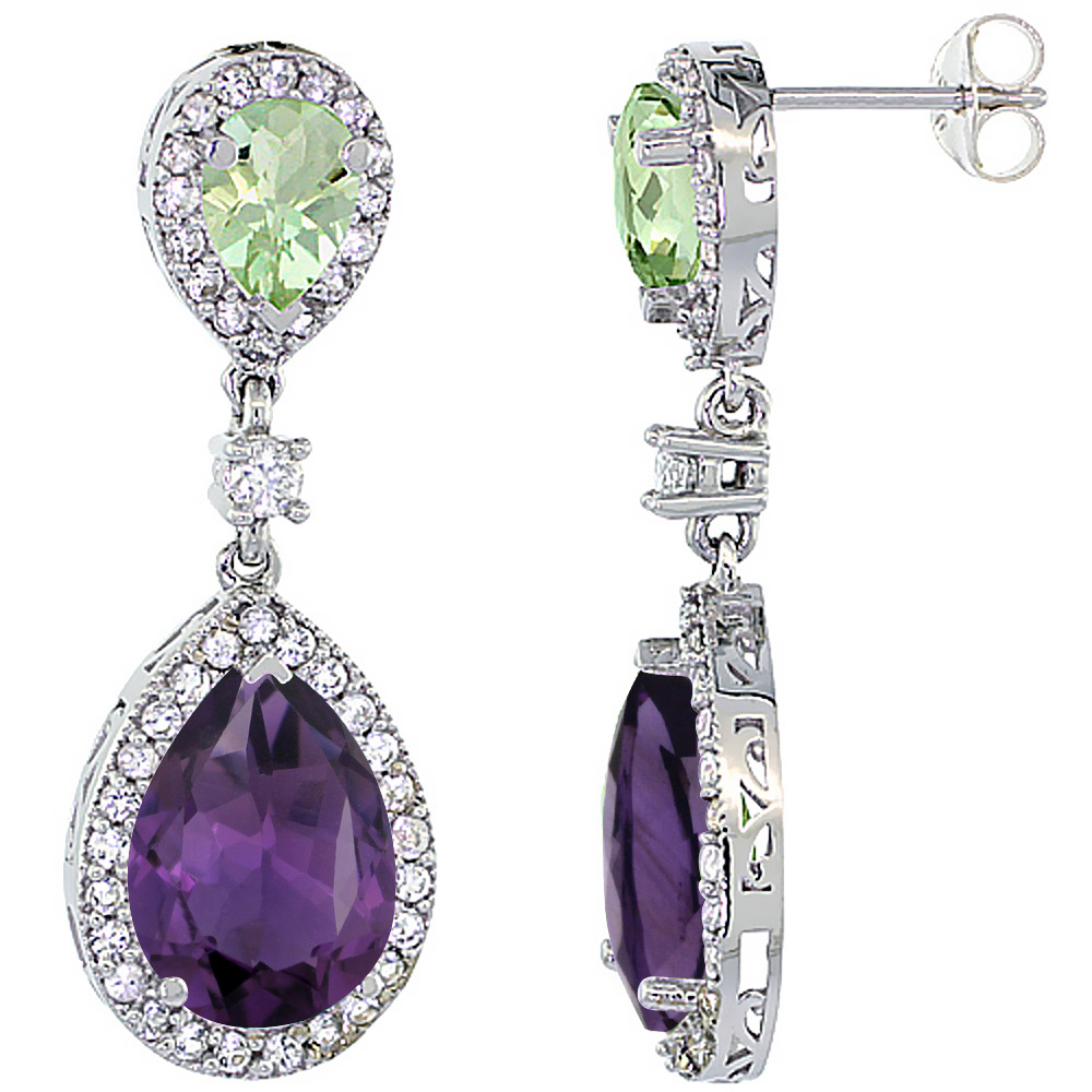 10K WHITE GOLD NATURAL PURPLE & GREEN AMETHYSTS TEARDROP EARRINGS WHITE SAPPHIRE & DIAMOND