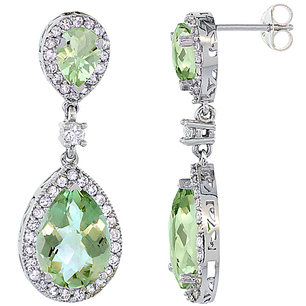 14K WHITE GOLD NATURAL PURPLE & GREEN AMETHYSTS TEARDROP EARRINGS WHITE SAPPHIRE & DIAMOND