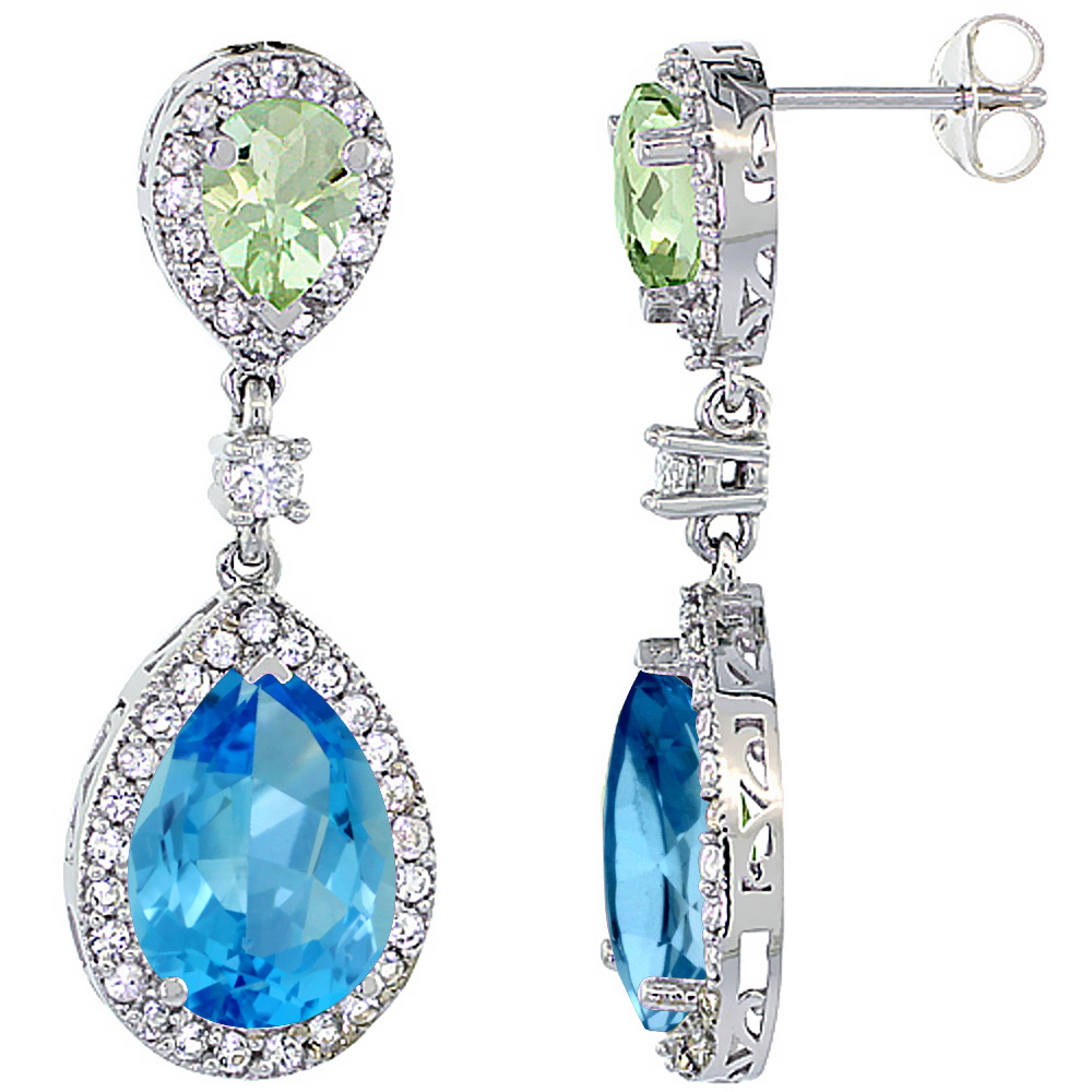 14K WHITE GOLD NATURAL SWISS BLUE TOPAZ & GREEN AMETHYST TEARDROP EARRINGS WHITE SAPPHIRE & DIAMOND