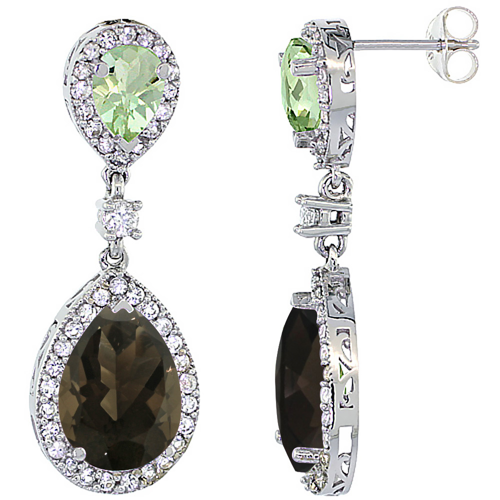 14K WHITE GOLD NATURAL SMOKY TOPAZ & GREEN AMETHYST TEARDROP EARRINGS WHITE SAPPHIRE & DIAMOND