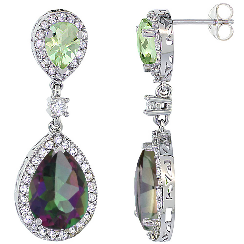 14K WHITE GOLD NATURAL MYSTIC TOPAZ & GREEN AMETHYST TEARDROP EARRINGS WHITE SAPPHIRE & DIAMOND