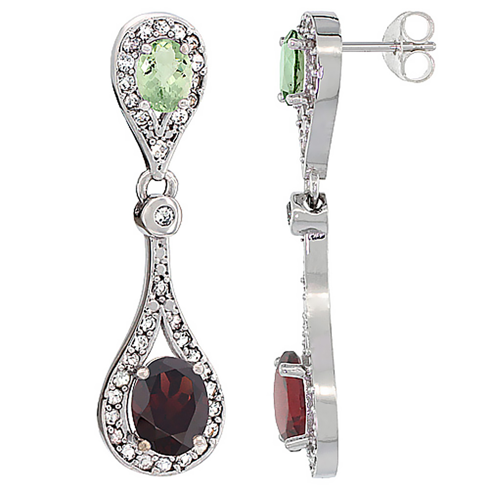 14K WHITE GOLD NATURAL GARNET & GREEN AMETHYST OVAL DANGLING EARRINGS WHITE SAPPHIRE & DIAMOND ACCENTS, 1 3/8 INCHES LONG