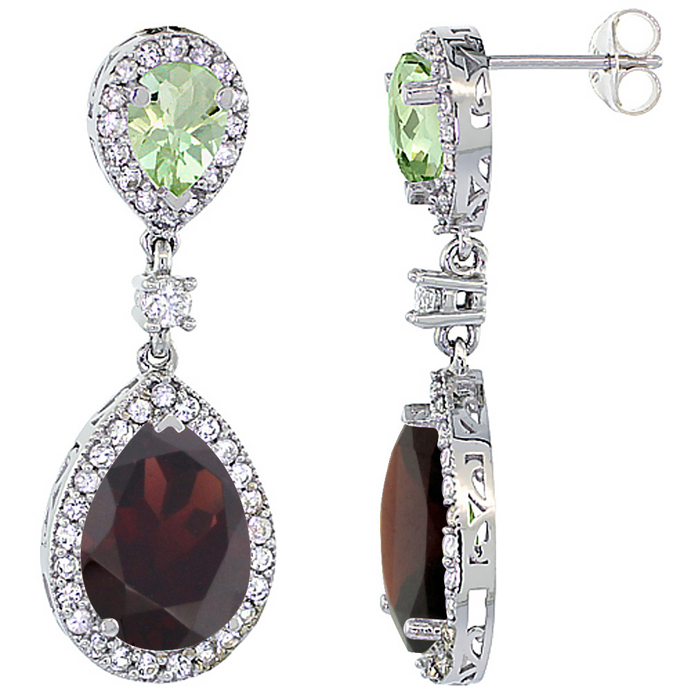 14K WHITE GOLD NATURAL GARNET & GREEN AMETHYST TEARDROP EARRINGS WHITE SAPPHIRE & DIAMOND