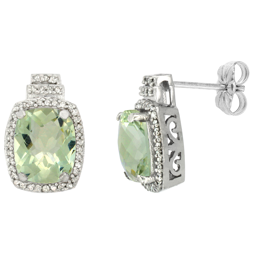 10K White Gold 0.29 cttw Diamond Natural Green Amethyst Earrings Octagon Cushion 8x6 mm