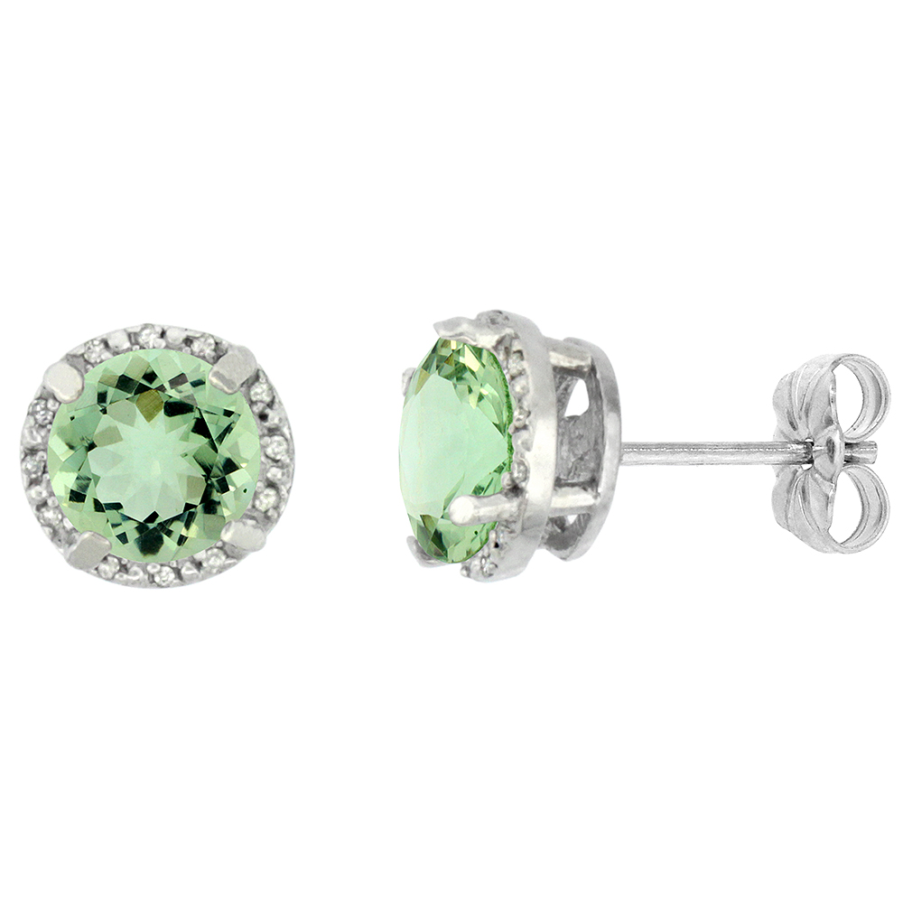 10K WHITE GOLD 0.06 CTTW DIAMOND NATURAL GREEN AMETHYST EARRINGS ROUND 7X7 MM