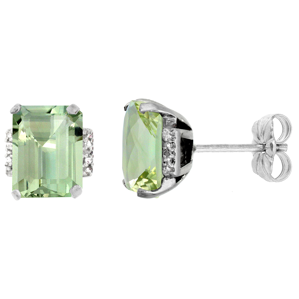 10K WHITE GOLD 0.02 CTTW DIAMOND NATURAL GREEN AMETHYST EARRINGS OCTAGON 8X6 MM