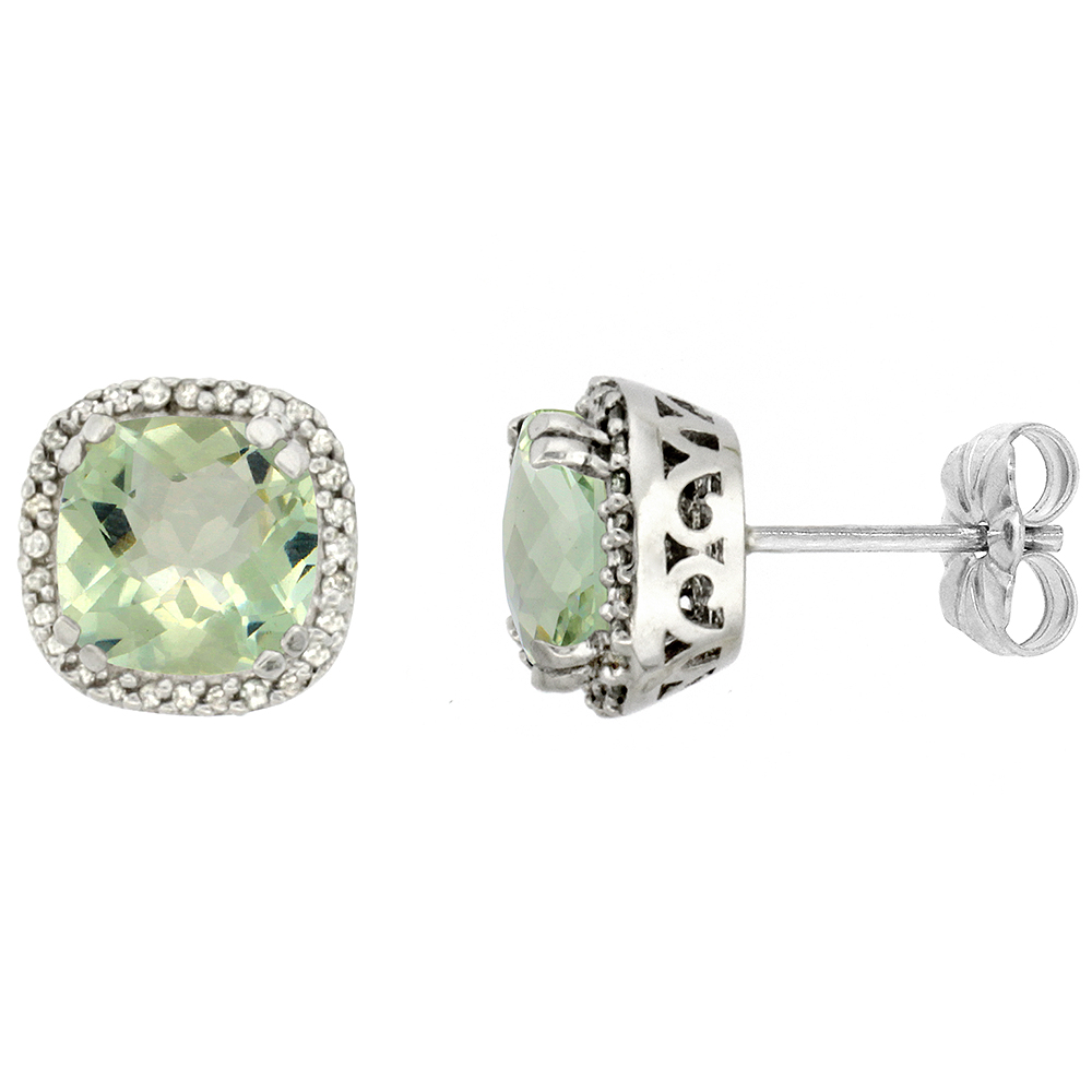 10k White Gold Diamond Halo Natural Green Amethyst Stud Earrings Cushion Shaped 7x7 mm