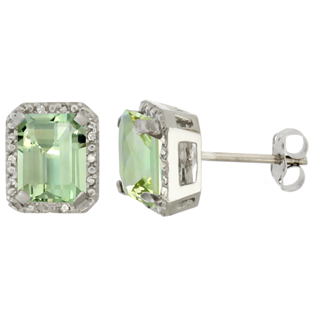 10K WHITE GOLD DIAMOND NATURAL GREEN AMETHYST EARRINGS OCTAGON 8X6 MM