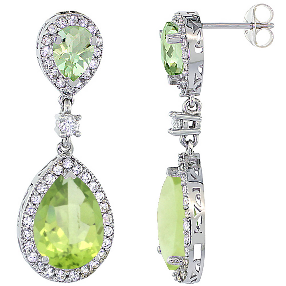 10K White Gold Natural Peridot &amp; Green Amethyst Teardrop Earrings White Sapphire &amp; Diamond