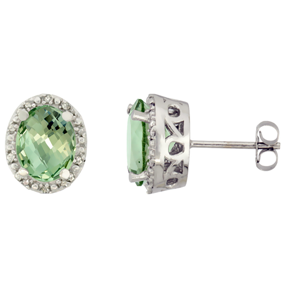 10K White Gold Genuine Green Amethyst Stud Earrings Diamond Halo Oval 8x6 mm