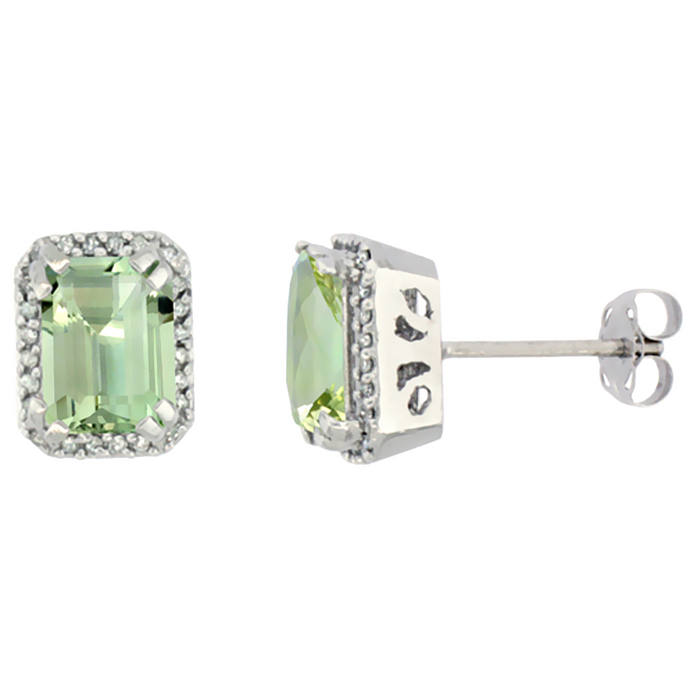 10K WHITE GOLD DIAMOND NATURAL GREEN AMETHYST EARRINGS OCTAGON 7X5 MM