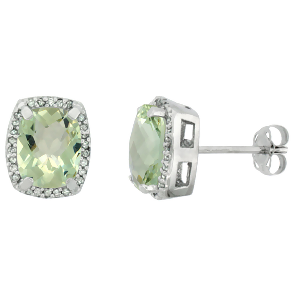 10K WHITE GOLD DIAMOND NATURAL GREEN AMETHYST EARRINGS OCTAGON CUSHION 8X6 MM