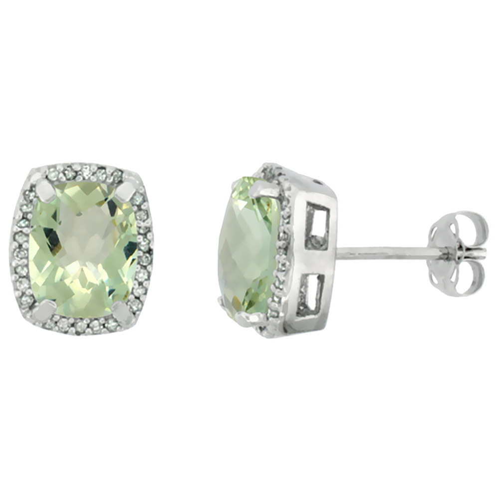 10K White Gold Diamond Natural Green Amethyst Earrings Octagon Cushion 8x6 mm