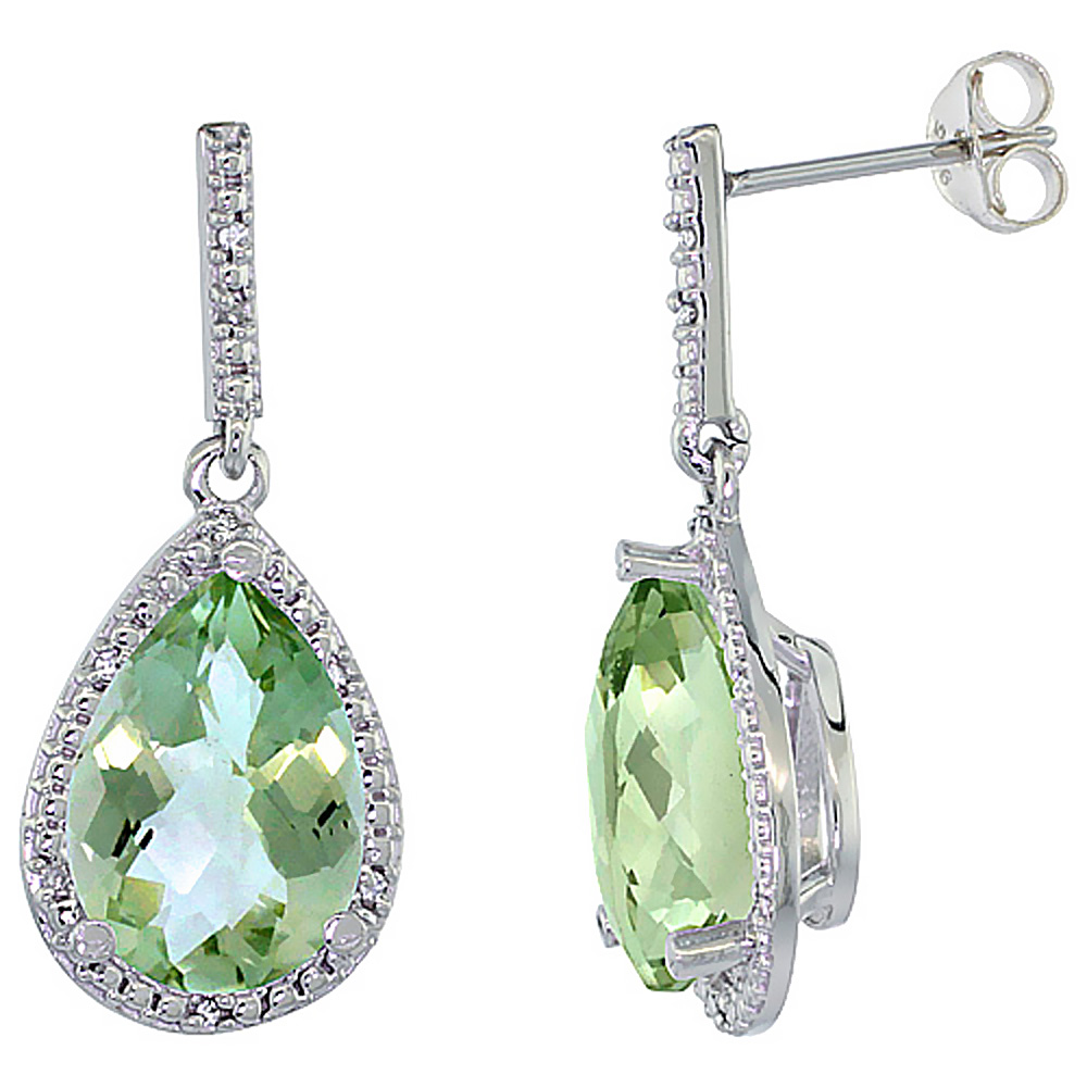 10K White Gold Diamond Halo Natural Green Amethyst Dangle Earrings Pear Shaped 12x8 mm