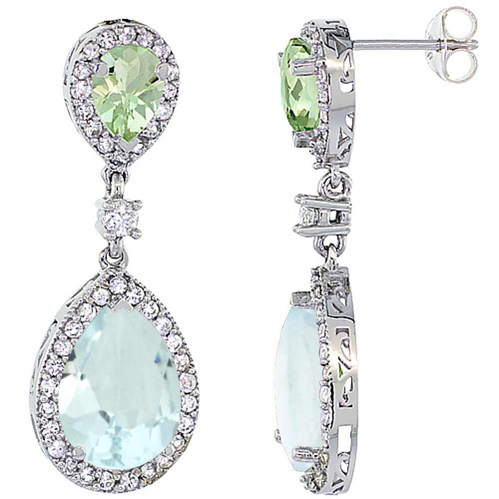 14K WHITE GOLD NATURAL AQUAMARINE & GREEN AMETHYST TEARDROP EARRINGS WHITE SAPPHIRE & DIAMOND