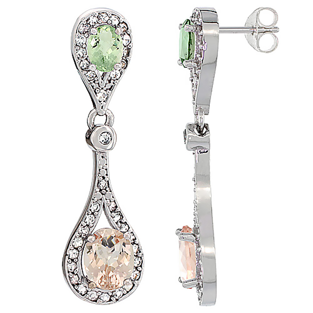 14K WHITE GOLD NATURAL MORGANITE & GREEN AMETHYST OVAL DANGLING EARRINGS WHITE SAPPHIRE & DIAMOND ACCENTS, 1 3/8 INCHES LONG