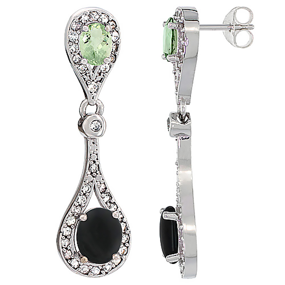 14K WHITE GOLD NATURAL BLACK ONYX & GREEN AMETHYST OVAL DANGLING EARRINGS WHITE SAPPHIRE & DIAMOND ACCENTS, 1 3/8 INCHES LONG
