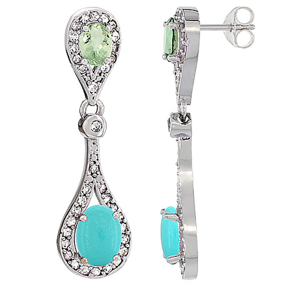 14K WHITE GOLD NATURAL TURQUOISE & GREEN AMETHYST OVAL DANGLING EARRINGS WHITE SAPPHIRE & DIAMOND ACCENTS, 1 3/8 INCHES LONG
