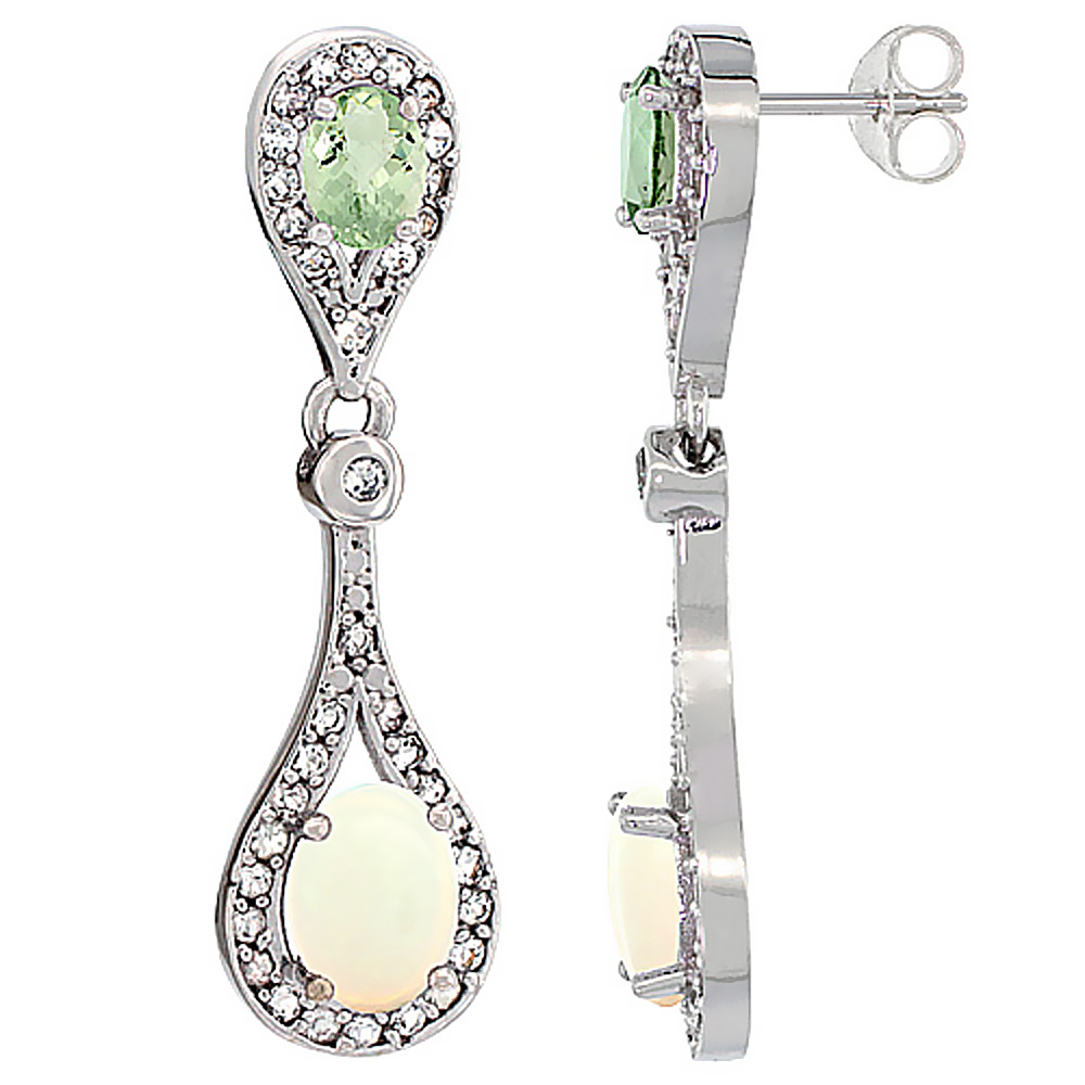 14K WHITE GOLD NATURAL OPAL & GREEN AMETHYST OVAL DANGLING EARRINGS WHITE SAPPHIRE & DIAMOND ACCENTS, 1 3/8 INCHES LONG