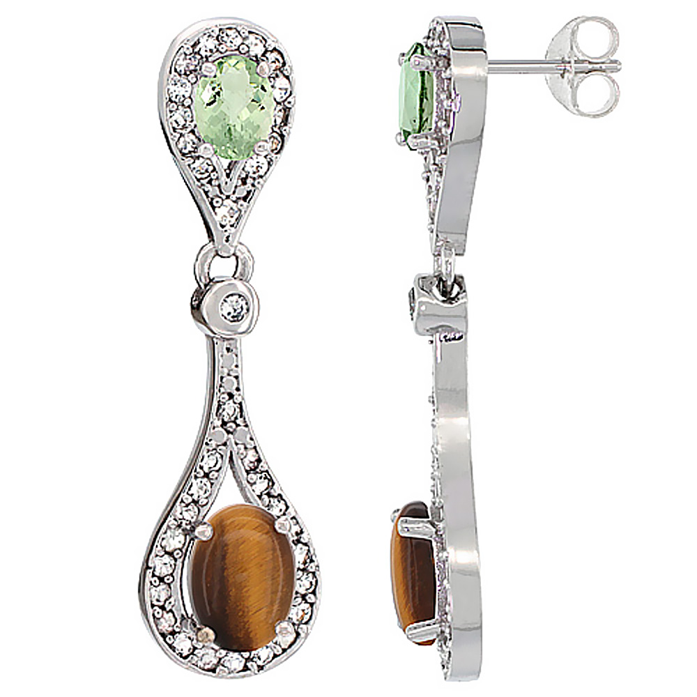 10K White Gold Natural Tiger Eye & Green Amethyst Oval Dangling Earrings White Sapphire & Diamond Accents, 1 3/8 inches long