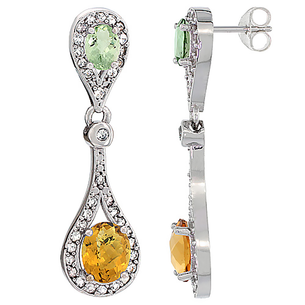 14K WHITE GOLD NATURAL WHISKY QUARTZ & GREEN AMETHYST OVAL DANGLING EARRINGS WHITE SAPPHIRE & DIAMOND ACCENTS, 1 3/8 INCHES LONG