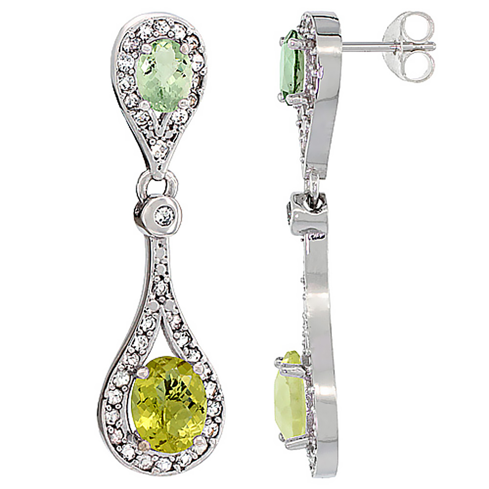 14K WHITE GOLD NATURAL LEMON QUARTZ & GREEN AMETHYST OVAL DANGLING EARRINGS WHITE SAPPHIRE & DIAMOND ACCENTS, 1 3/8 INCHES LONG