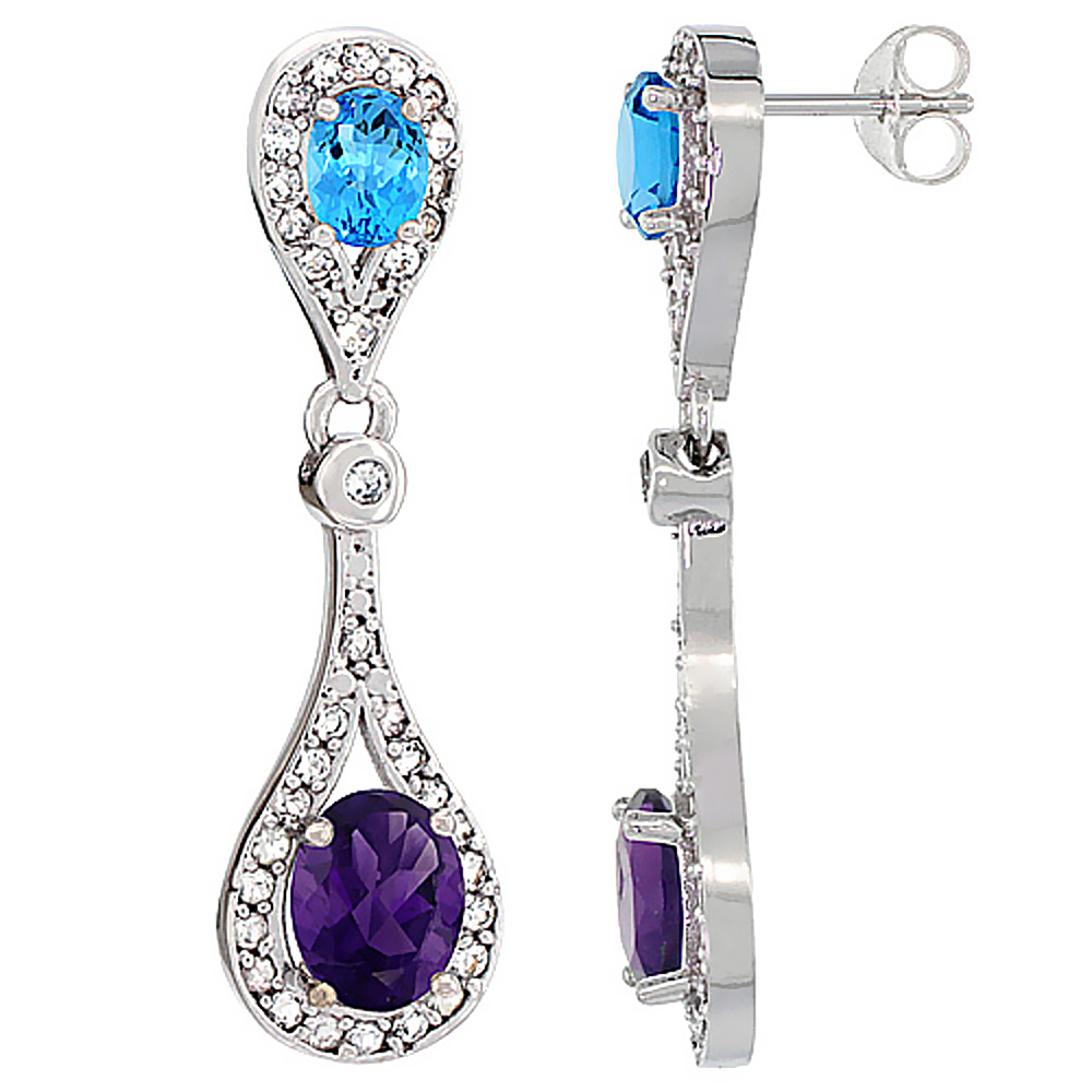 14K WHITE GOLD NATURAL AMETHYST & SWISS BLUE TOPAZ OVAL DANGLING EARRINGS WHITE SAPPHIRE & DIAMOND ACCENTS, 1 3/8 INCHES LONG
