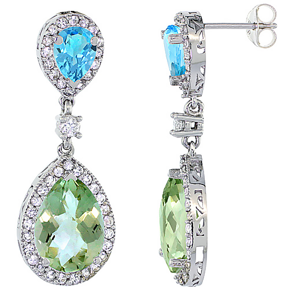 14K White Gold Natural Amethyst &amp; Swiss Blue Topaz Teardrop Earrings White Sapphire &amp; Diamond