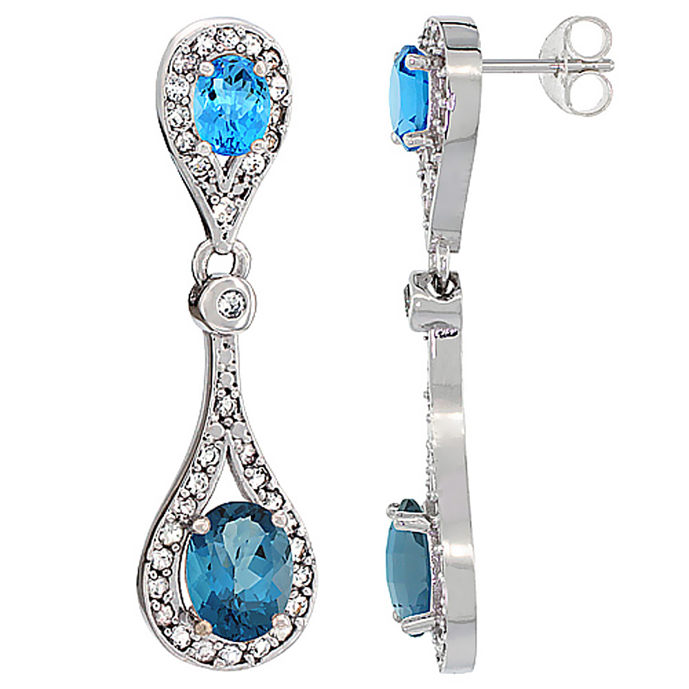14K WHITE GOLD NATURAL LONDON BLUE TOPAZ & SWISS BLUE TOPAZ OVAL DANGLING EARRINGS WHITE SAPPHIRE & DIAMOND ACCENTS, 1 3/8 INCHES LONG
