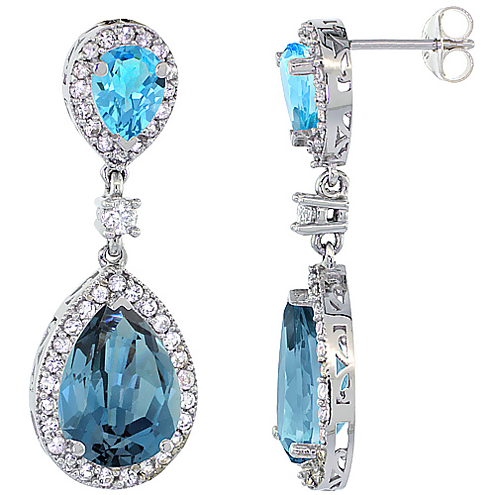 14K WHITE GOLD NATURAL LONDON BLUE TOPAZ & SWISS BLUE TOPAZ TEARDROP EARRINGS WHITE SAPPHIRE & DIAMOND